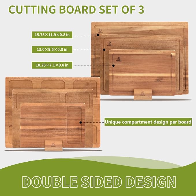 Acacia Wood Cutting Board,Double Sided Wooden Cutting Boards for Kitchen with Deep Juice Grooves,0.8 in Thick Solid Wood Cutting Board Set with Stand for Chopping,Serving Ideal Kitchen Gifts