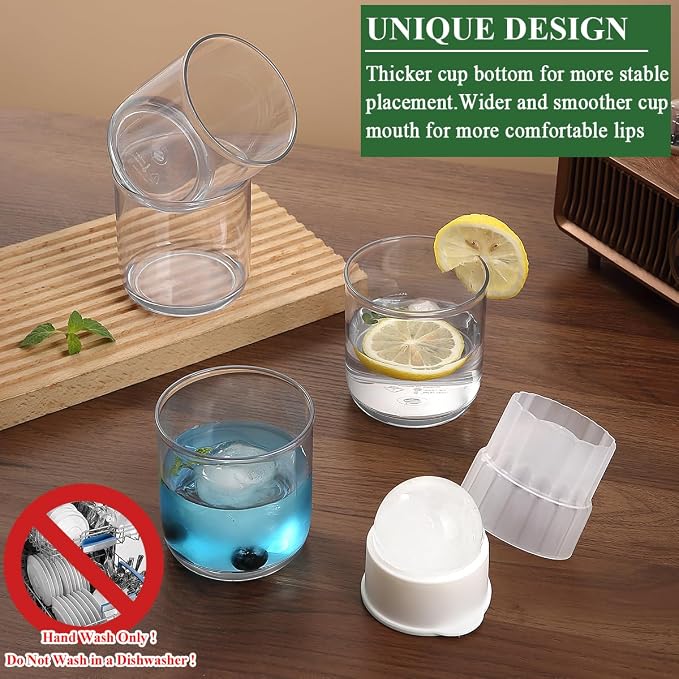 Berglander Whiskey Glasses Set of 8 (4 Bourbon Glasses, 4 Big Ice Ball Molds) 11.5 oz Reusable PET Clear Plastic Old Fashioned Glasses for Scotch Cocktail Cognac Vodka Liquor Cold Drink, Gifts for Men