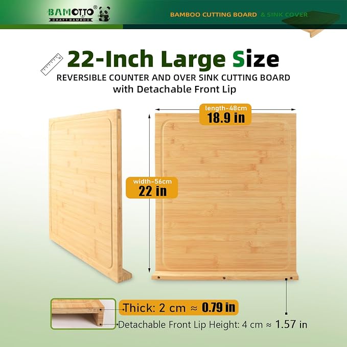 BAMOTTO CRAFTBAMBOO 18.9x22 Inch Extra Large Bamboo Cutting Board Over Sink | Non-Slip Detachable Lip | Reversible Juice Groove | Kitchen Noodle Board | RV Stovetop Cover | Turkey Carving