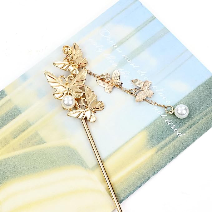 Cinaci 10 Pieces Decorative Vintage Retro Pearl Gold Metal Hair Sticks Pins with Pendants Chinese Hanfu Asian Flower Butterfly Hair Chopsticks Hair Bun Updo Holders Long Hairpins for Women Girls
