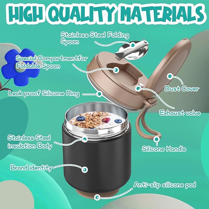 Thermo for Hot Food Kids - 15.2oz with Folding Spoon and Silicone handle | Leak Proof Insulated Food Jar, Soup Thermo, Wide Mouth Insulated Lunch Containers, Dishwasher Safety