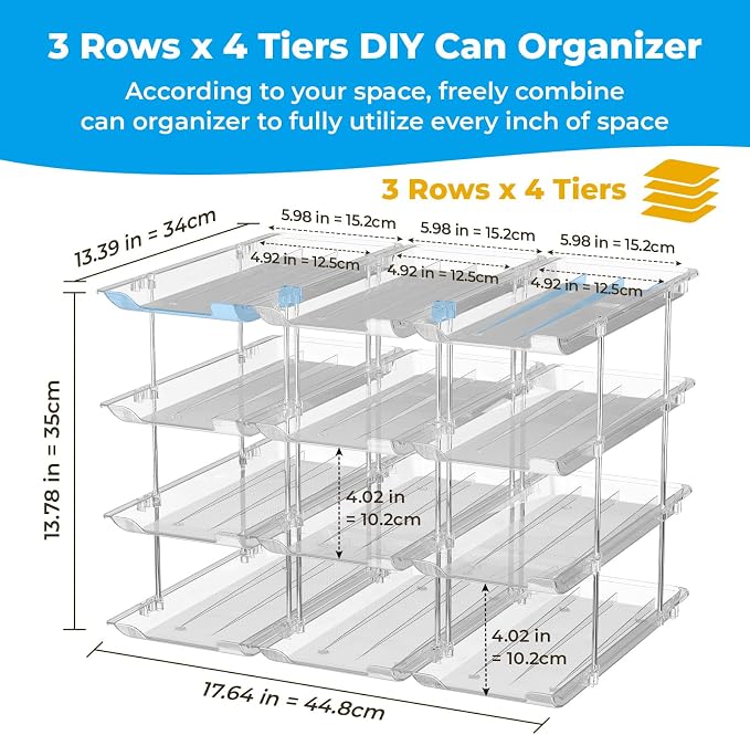 Can Organizer for Pantry 4 Tiers Rolling Can Storage Cupboard | Automatic Rolling Holds 48 Cans Combinable Canned Food Organizer Soda Can Organizer for Cupboard Cabinets Pantry Fridge Clear