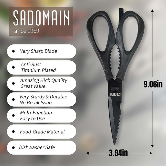 Kitchen Scissors All Purpose, Extra Sharp Kitchen Shears with Knife Sharpener & Sheath, Solid & Durable Stainless Steel Scissors with ANTI-RUST Black Titanium Plated, Dishwasher Safe – Black