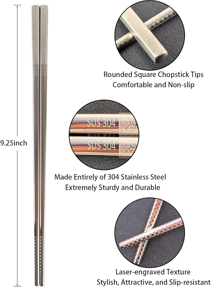5 Pairs Stainless Steel Chopsticks, 9.25" Metal Set, Non-Slip Tips | 18/8 304 Stainless Steel, 5 Colors, Square Body, Laser-Engraved Tips, Dishwasher Safe, Gift Box