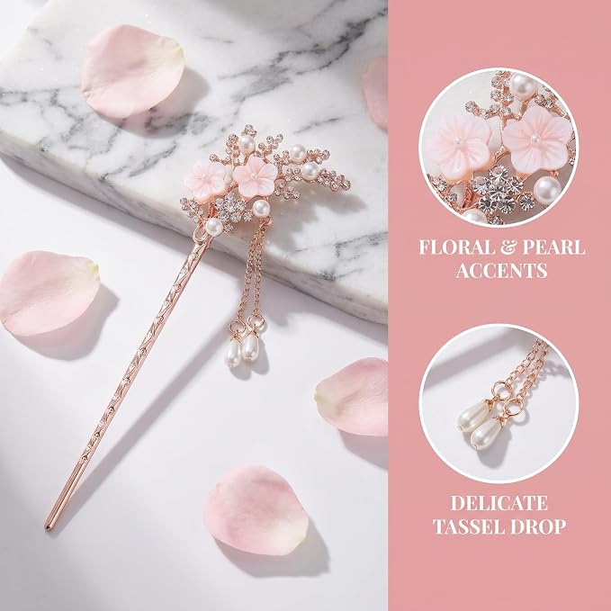 2 Pcs Rhinestone Pearl Flower Hair Stick Chinese Hair Chopsticks Vintage Tassel Hair Pin Chignon Pin Hair Styling Making Accessories for Women