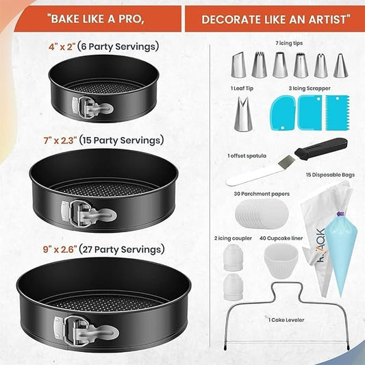 RFAQK 100pcs Cake Pan Sets for Baking + Cake Decorating Supplies: 3 Non-Stick Springform Pans Set (4, 7, 9 inches), Icing Tips, Cake Leveler – Multi-functional Leak-Proof CheeseCake Pan & eBook