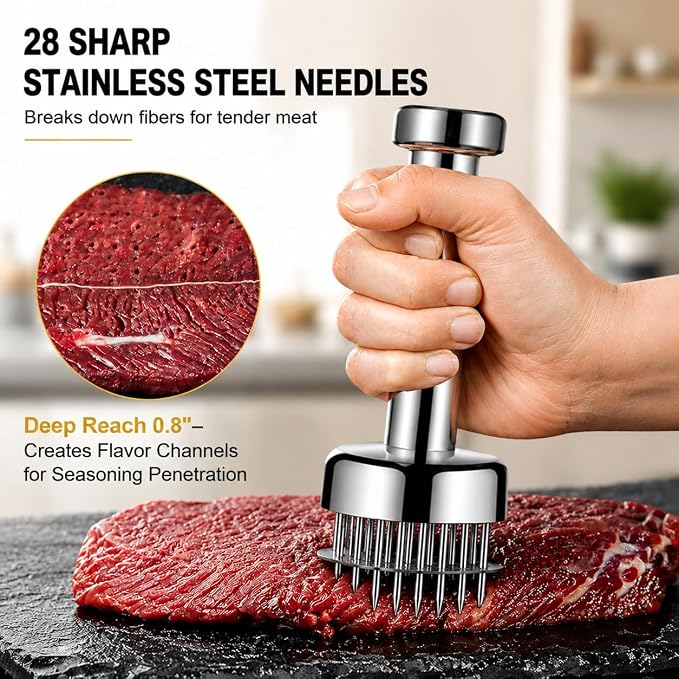 Meat Tenderizer Tool, 28 Sharp Needles Stainless Steel Mallet | 304 Stainless Steel Meat Hammer with Safety Guard, Easy Grip Handle for Tenderizing Beef, Chicken & Turkey, Dishwasher Safe