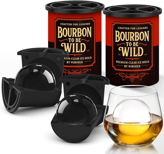 Clear Ice Cube Maker, 2.5" Stainless Steel Crystal Clear Ice Ball Maker, Non-BPA Silicone Ice Cube Molds for Whiskey Easy Release Ice Maker, Bourbon Gifts for Men (Black, 2 PACK-BOURBON)