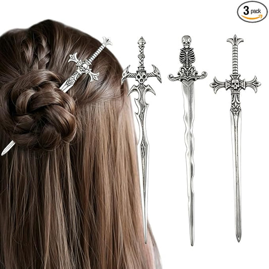 3PCS Skull Sword Hair Pins for Women, Metal Hair Sticks Set, Gothic Hair Accessories, Fantasy Decorative Hair Pins, Medieval Hair Stick Set for Bun Updo Long Thick Hair