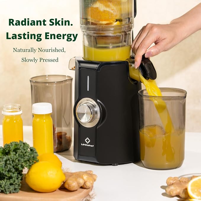 LINKChef Cold Press Juicer Machine, 4.53" Whole Fruit Slow Masticating Juicer with Auto Cutting, 200W Quiet Motor & High Juice Yield, Easy Clean Compact Juicer Extractor with Recipe Guide