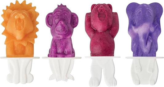 Tovolo Animal Popsicle Molds Zoo Crew Set of 4 Reusable Popsicle Molds with Sticks Bear Lion Monkey Elephant, BPA Free Silicone Pop Maker for Kids, Dishwasher Safe Animal Ice Molds for Frozen Treats