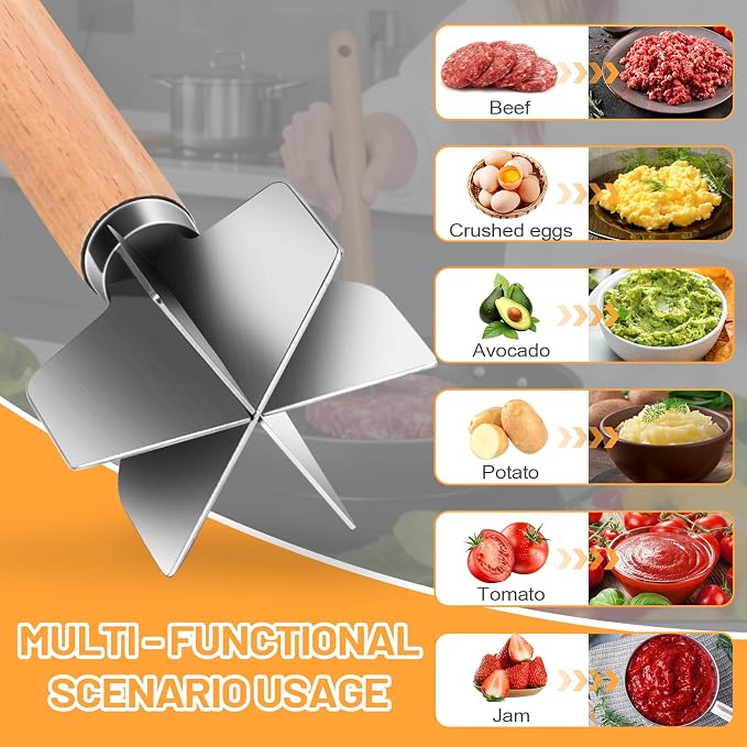11 inch Stainless Steel Meat masher with 6 Blades, Metal Potato Masher, Ground Beef chopper tool, Suitable For Making Ground meat, Mashed potatoes, Jam and more（two pack)