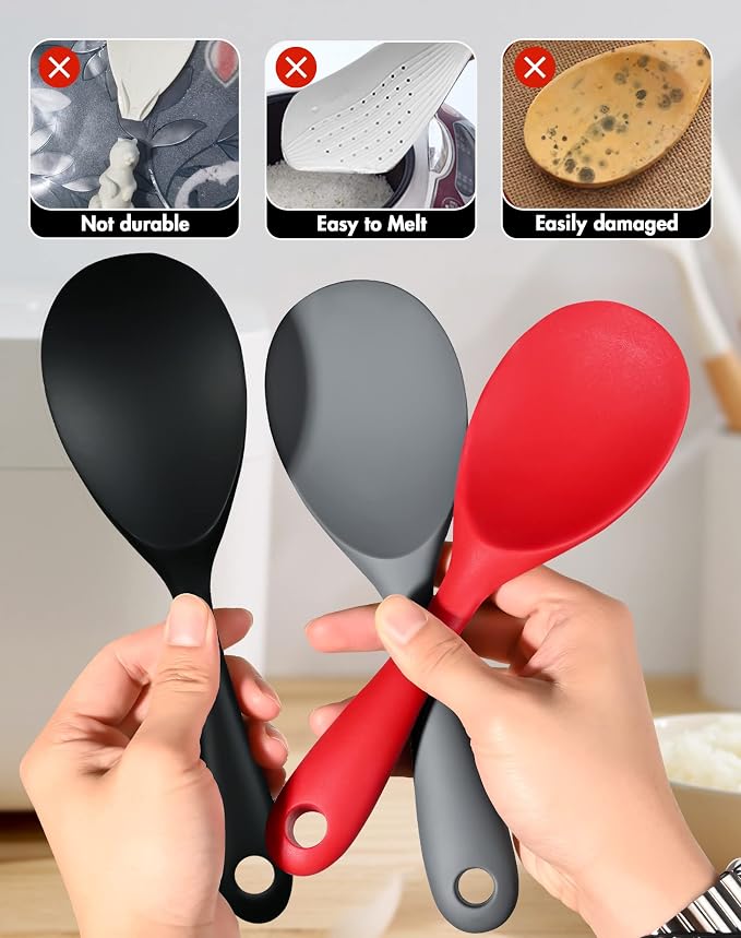 2 Pcs Silicone Rice Paddle,Non Stick Rice Spoon Scooper Spatula,Heat Resistant Rice Cooker Spoon(Black)
