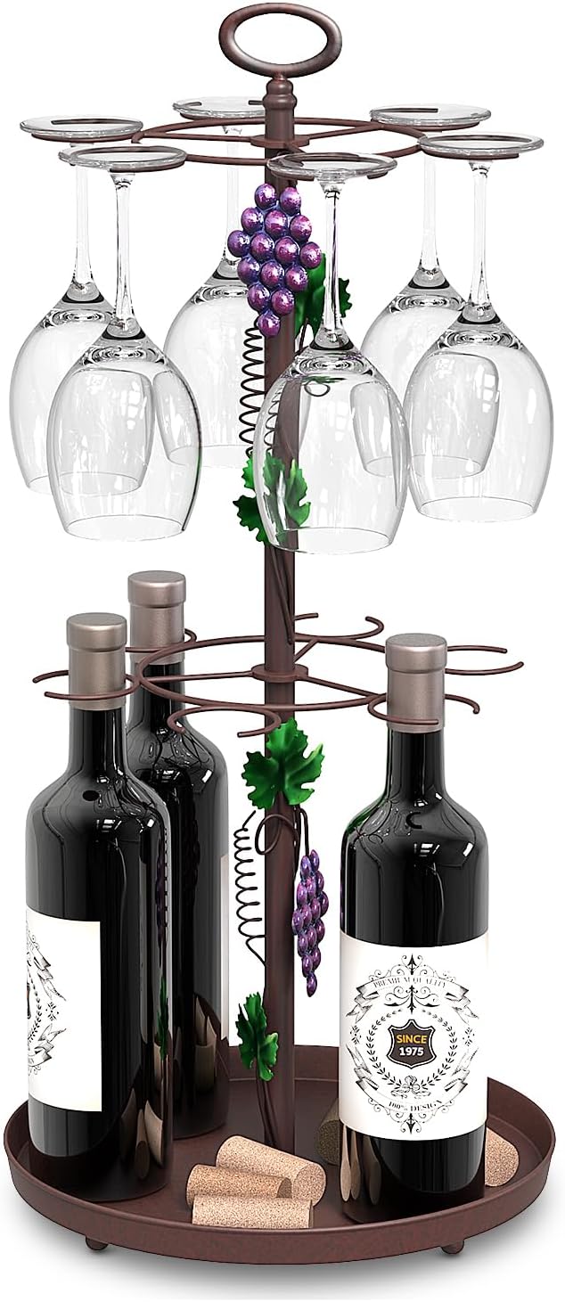 Metal Tabletop Wine Rack with Hanging 12 Glasses Hooks Countertop Holder | Champagne Bottle & Wine Glass Holder Stand, Tabletop Stemware Storage Rack for Kitchen, Dining Table,Bar Farmohuse Decor