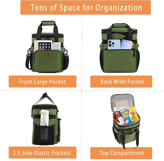 Expandable Large Insulated Lunch Box, Heavy Duty Lunch Cooler Bag Durable Leakproof Lunch Pail for Men Women Adults Work Shift Outdoor Picnic Camping Road Trip, 16L, Army Green, GLENKEY