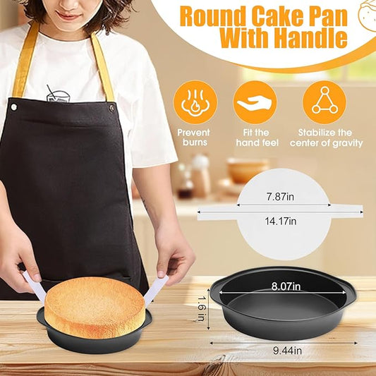 8" Round Cake Pan, 3PCS Nonstick Cake Pans with 100 PCS Parchment Paper, Carbon Steel Cake Baking Pans with Handle, Dishwasher Safe