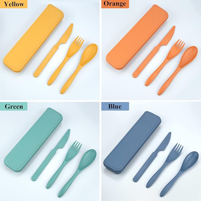 DISSKNIC 4 Sets Reusable Utensils Set with Case,Travel Utensils Cutlery Set Spoons and Forks Set, Reusable Plastic Utensils for Lunch Box Accessories for Adults, Portable Lunch Utensils Set for Daily