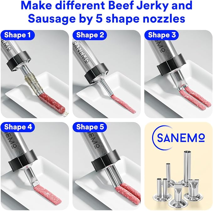SANEMO Large Capacity Jerky Gun for Ground Meat - Easy to Use/Clean 1.5 LB Sausage Gun & Beef Jerky Maker Kit with 5 Stainless Steel Nozzles, 2 Cleaning Brushes, and 1 Mesh Bag for Easy Carrying.