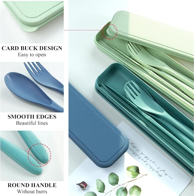 DISSKNIC Green Travel Utensils with Case, Reusable Utensil Sets for Lunch Box, Chopsticks Reusable Plastic Utensils Lunch Box Accessories for Adults,Portable Utensils Set with Case,Camping Accessories