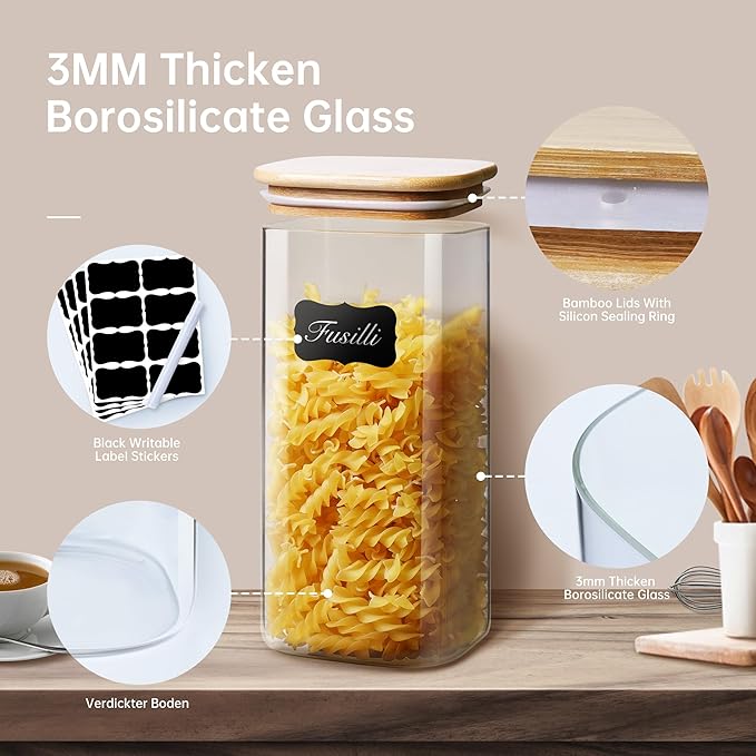 Square Glass Jars with Bamboo Lids 30 FL OZ [Set of 6], Glass Canisters with Airtight Lid, Glass Food Storage Container for Pasta, Flour, Sugar, Rice, Best for Kitchen & Pantry