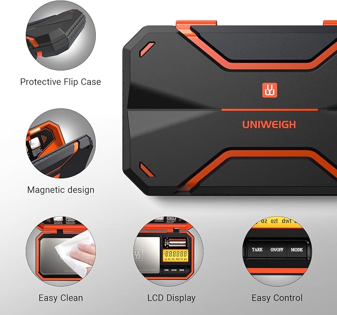 UNIWEIGH Digital Pocket Scale 200g/0.01g Precision Digital Scale Grams | 6 Units Jewelry Scales,Coins Scale with LCD Display,Tare Function for Food,Powder,small items(Battery Included)-Orange