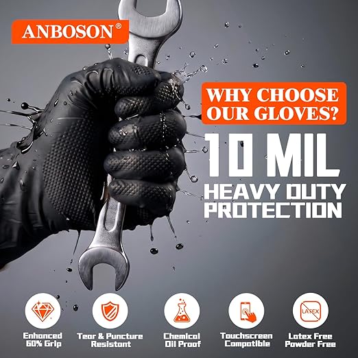 ANBOSON 10 Mil Heavy Duty Mechanic Nitrile Gloves, Black Large 1000 Count | Diamond Grip, Latex Free Disposable Chemical Resistant Rubber Gloves for Industrial,Workshops, Auto Repair,Janitorial,Food