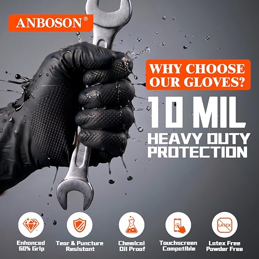 ANBOSON 10 Mil Heavy Duty Mechanic Nitrile Gloves, XLarge Black 200 Count | Diamond Grip,Latex Free,Chemical Resistant Disposable Thick Rubber Gloves for Auto Repair, Industrial, Food, Work ,BBQ,Men