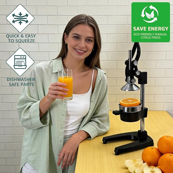 Manual Citrus Juicer, Cast Iron Lemon Squeezer for Orange Lime | Heavy Duty Commercial Grade Fruit Press, Rustic Hand Juicer Large Capacity Easy Clean, Black