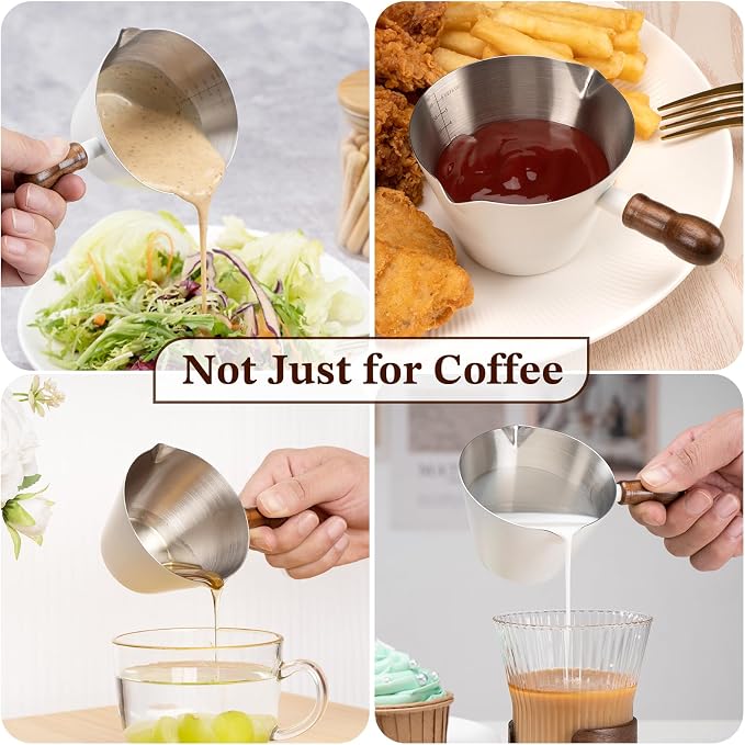 Amrules Espresso Cup, 6.8 oz/200 ml Stainless Steel Coffee Shot Measuring Cup with Wood Handle, Double V-Shaped Mouth and Clear Scale for Cappuccino Barista Coffee Bar Accessories, White