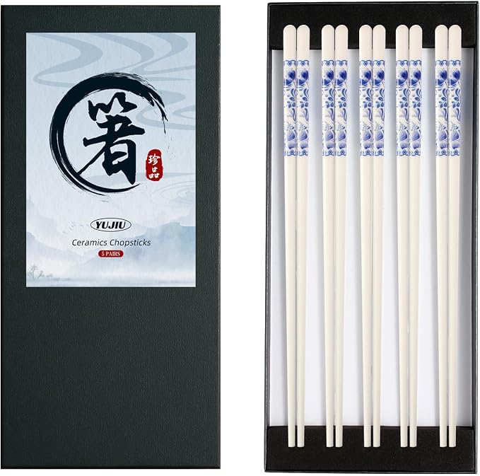 Porcelain Chopsticks Set of 5 Pairs, Reusable Bone Ceramic Chopsticks, Dishwasher Safe, Non-Slip Design, Elegant Gift Box for Family or Restaurant Use (Camellia)