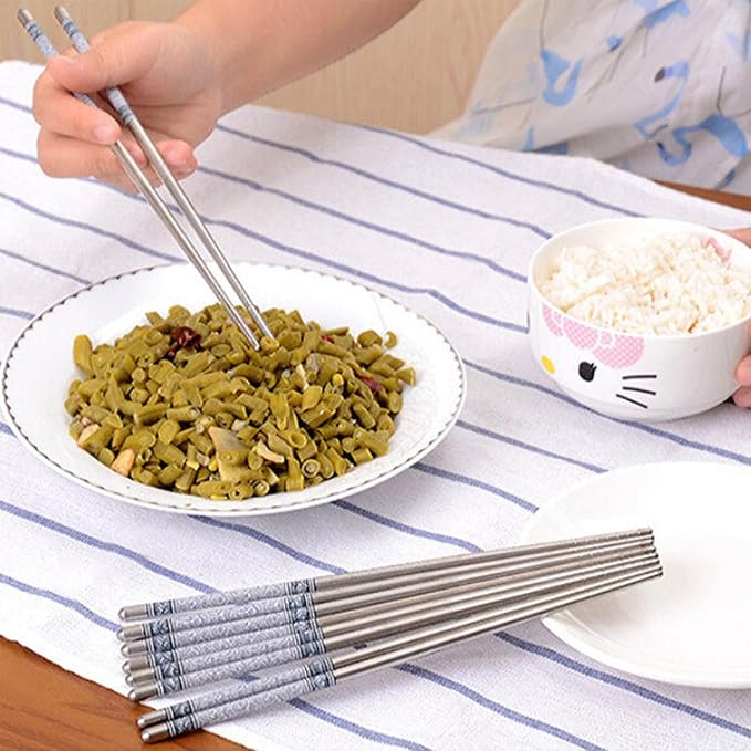 10 Pairs Stainless Steel Chopsticks Dishwasher Safe - 22.4cm/8.82'' Reusable Metal Non-slip Chopstick, Blue & White Pattern Chinese Style Chop Sticks