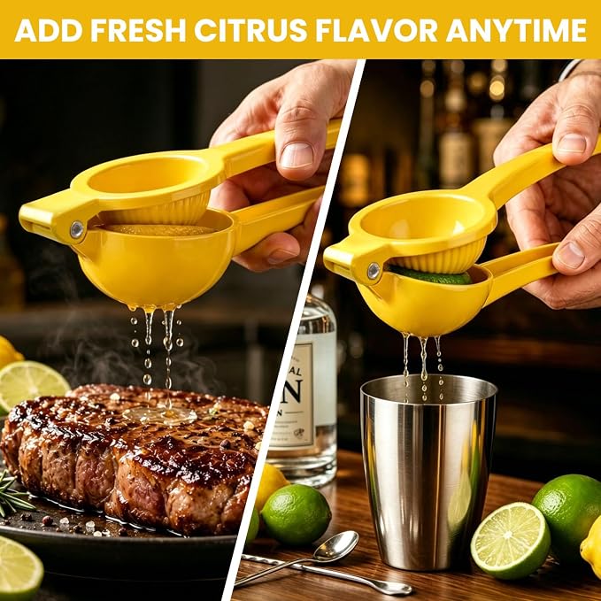 Lemon Squeezer, Fast Effortless Juice Extraction with Large Metal Citrus Juicer, Maximum Yield Lightweight Hand Lime Squeezer, Manual Lemon Juicer Press, Easy to Use Squeeze Tool, Yellow