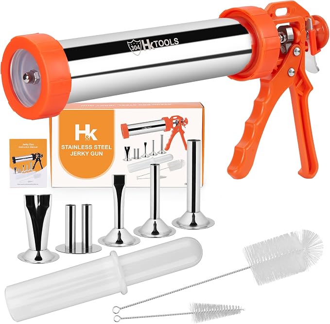 5rd Gen 2.5 LB Jerky Gun Kits, Jerky Maker Gun, Beef Jerky Gun, Stainless Steel Sausage Stuffer Jerky Making Gun with 5 Stainless Nozzles, 2 Cleaning Brushes, 1 Stomper