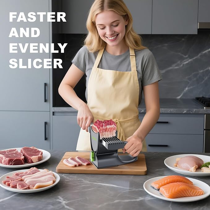 SupMaKin Fresh Meat Slicer with SteadyGrip, Adjustable 2/4 mm, 17 IN 1 | Stainless Steel Manual Meat Cutter, Cleaver Kitchen Knife, Jerky Slicer Suit for Chicken Breast Beef Pork