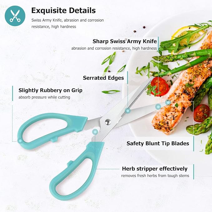 iBayam 3-Color Stainless Steel Dishwasher Safe Kitchen Shears Food Scissors | 8 Inch Utility Cooking Scissors for Women Men with Small Hands for Herbs Chicken Meat Poultry Fish BBQ