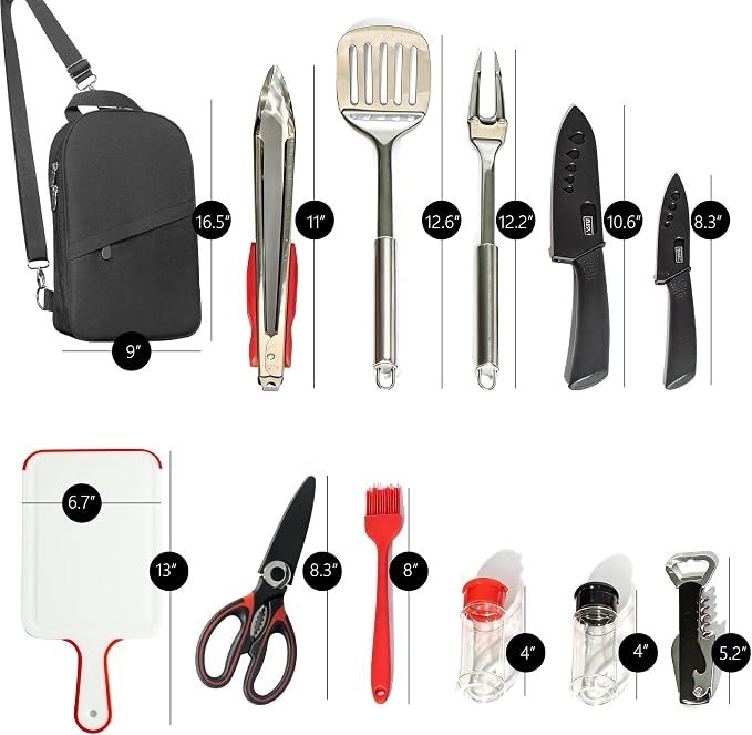 12 Pcs Camping Cooking Utensil Set, Camp Kitchen Set with Organizer Bag, Stainless Steel Outdoor Cooking and Grilling Utensil Organizer for Travel, Picnics, Camping, BBQs, Parties