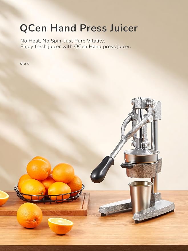 QCen Manual Citrus Juicer Cast Iron Heavy Duty Orange Press | Stainless Steel Strainer, Hand Squeezer, Easy To Clean, For Orange, Lemon, Lime And Grapefruit, Silver