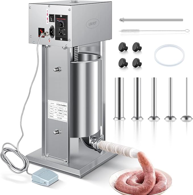 Electric Sausage Stuffer Maker, Vertical Electric Stuffer 11 Adjustable Speed Stainless Steel Commercial Sausage Filler Meat Stuffers with 5 Stuffing Tubes, Home & Commercial (26Lb/12L)