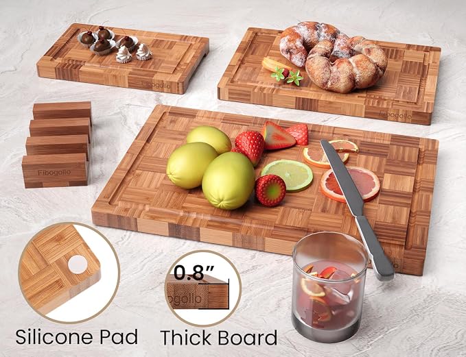 Fibogollo Set of 3 Bamboo Kitchen Cutting Boards with Juice Groove | Chopping Boards Set,End Grain Bamboo Butcher Block with Storage Stand,Serving Board and Charcuterie with Holder