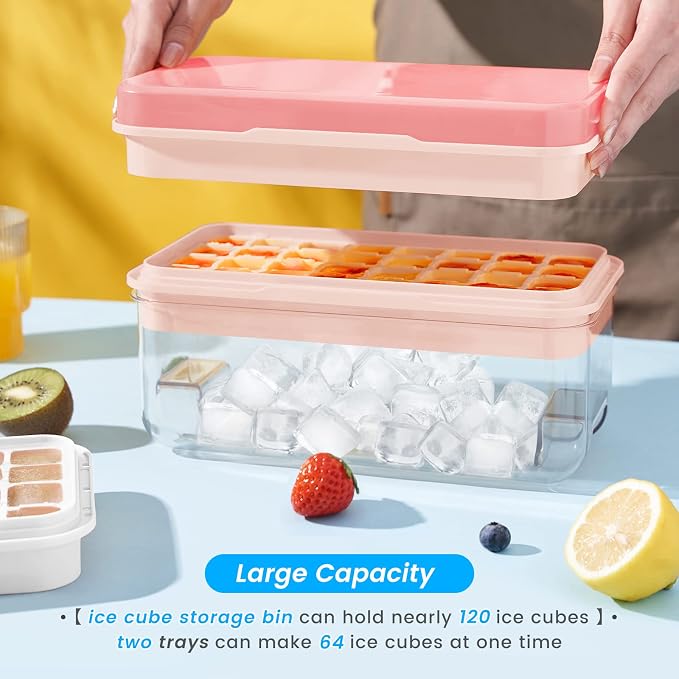 1.0" Ice Cube Trays for Freezer, PHINOX Ice Tray, 2-Tier(32Cubes/Tier) Pink