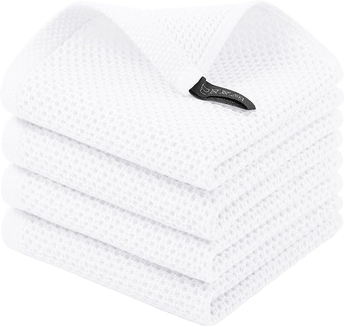 Homaxy 100% Cotton Waffle Weave Kitchen Dish Cloths, 4-Pack, White | 12 x 12 Inches, Ultra Soft Absorbent Dish Towels, Quick Drying Dish Rags with Hanging Loop
