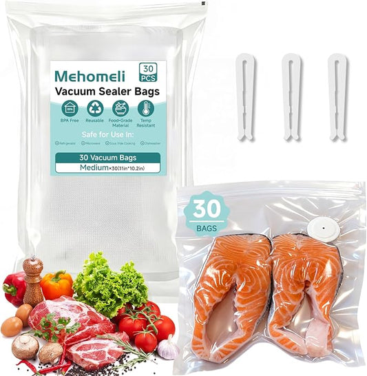 Reusable Vacuum Sealer Bags for Food – 30 BPA-Free Medium (11in × 10.2in) Food Storage Bags, Freezer Microwave Safe– Odor Resistant, Leak-Proof – Compatible with Handheld Vacuum Sealers