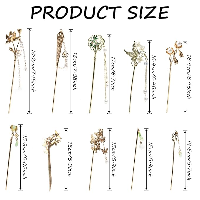 10Pcs Gold Vintage Hair Sticks Pins Metal Long Hairpins with Butterfly Flower Pearls Beads Jade Tassel Pendant Asian Chinese Hanfu Hair Chopsticks Hair Bun Updo Holders Hair Accessories for Women
