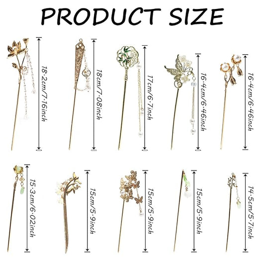 10Pcs Gold Vintage Hair Sticks Pins Metal Long Hairpins with Butterfly Flower Pearls Beads Jade Tassel Pendant Asian Chinese Hanfu Hair Chopsticks Hair Bun Updo Holders Hair Accessories for Women