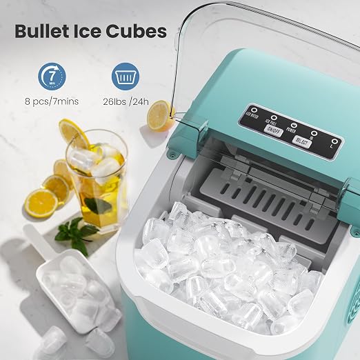 Portable Ice Maker Machine with Handle, 26lbs/24Hrs, 6Mins/8 Ice Cubes, Self-Cleaning with Basket/Scoop, Countertop Ice Makers for Home/Kitchen/Office(Green)