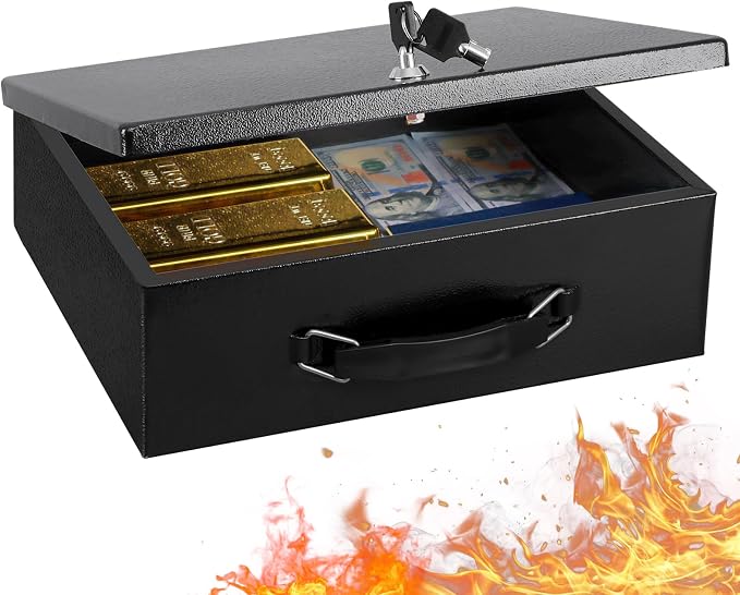 KYODOLED Fireproof Document Box with Key Lock, Large Safe Storage Box for Valuables, Fire Resistance Security Chest, Lock Box for Passport, Cash, Tablet 13.2'' x 11'' x 4.13'' Black