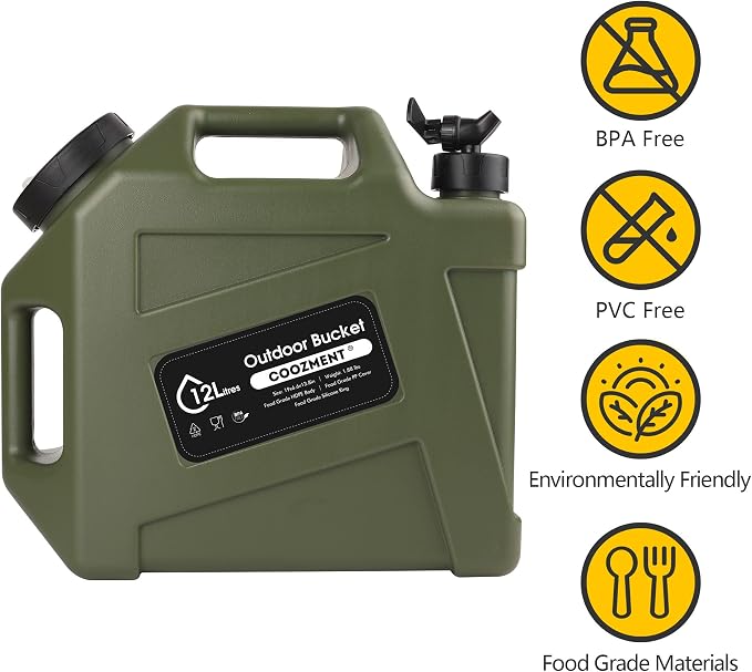 COOZMENT 3.2 Gallon/5 Gallon Water Containers with Spigot, BPA Free Water Jug, Military Green Water Tank, Multifunction Water Storage Containers for Camping Outdoor Hiking,Emergency Storage