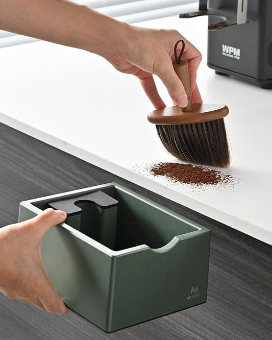 Espresso Knock Box with Brush, 15 Pucks Coffee Grounds Dump Bin with Silicone Knock Bar, Anti-Slip Base & Tamping Station, Quiet Knockbox Set for Barista Home Kitchen & Coffee Bar, Green