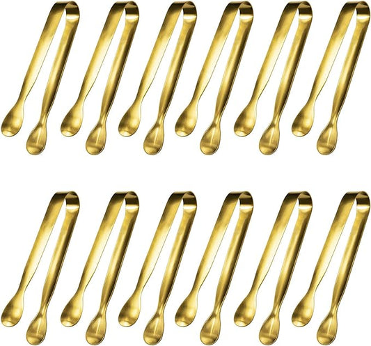 JCREN 12 Pcs Serving Tongs, Small Serving Utensils for Parties Catering Gold Tongs, Food-Grade 304 Stainless Steel Mini Appetizer Tongs for Tea Party Coffee Bar, 4 Inches - Gold