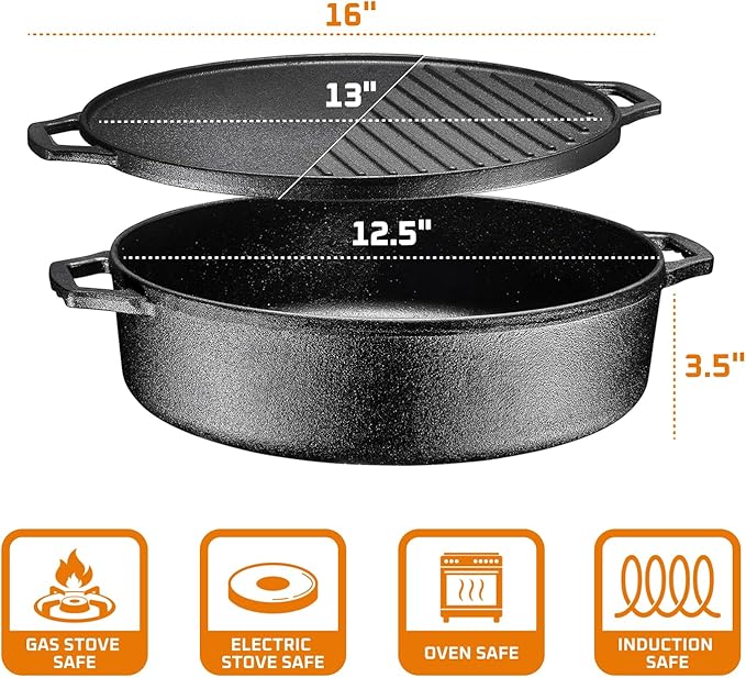Bruntmor 6.8 Quart Cast Iron Skillet with Reversible Grill Griddle Lid - 3-in-1 Round Cast Iron Pan for Frying, Grilling, Dutch Oven Cooking - Roasting Pan with Lid, Camping Cookware, Black